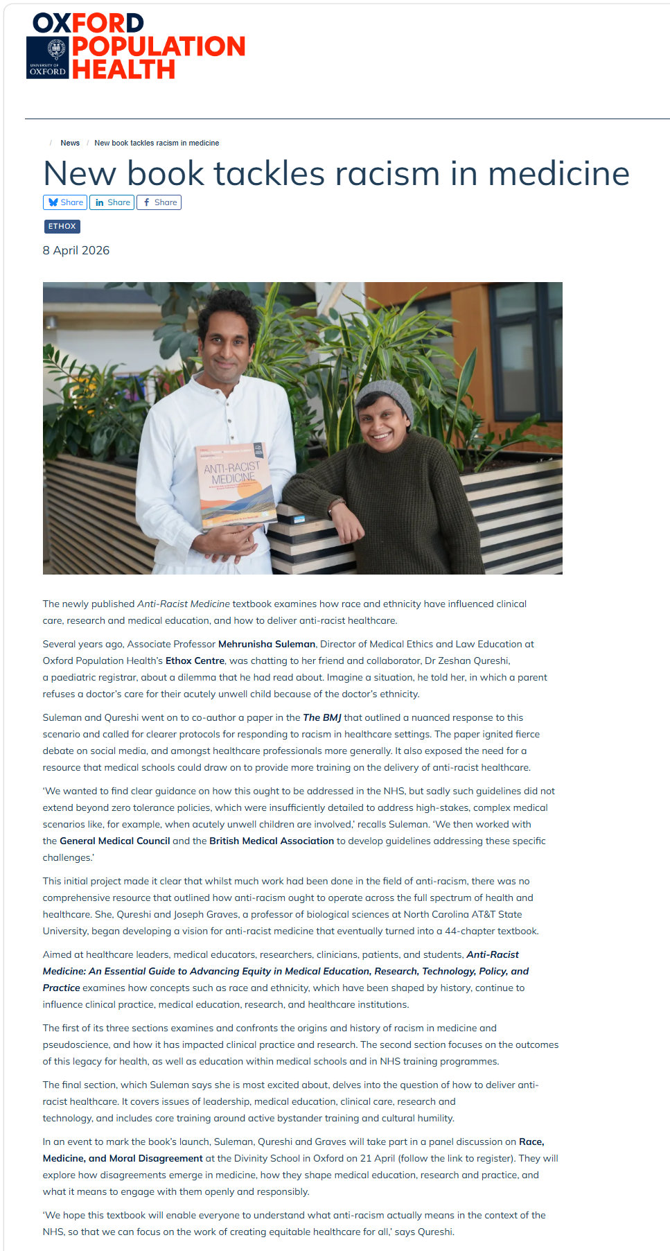 Oxford University Population Health Website: New book tackles racism in medicine